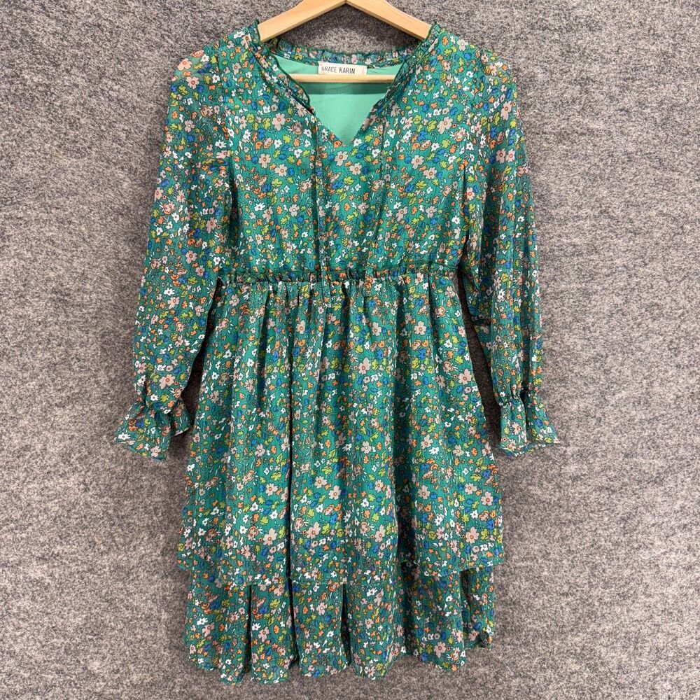 Grace Karin Dress Girls 10Y Green Floral Sheath Midi V-Neck Tasseled Lined